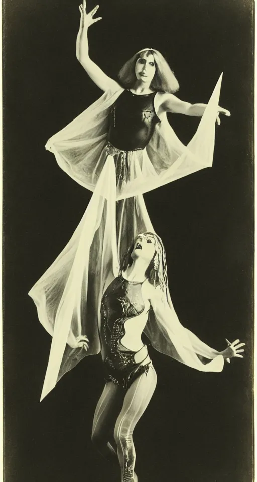 Image similar to wet plate photograph, portrait of Olivia Newton John performing satanic occult dance, Aleister Crowley illustrations on graph paper in the background, 1850