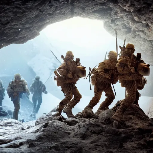 Image similar to futuristic soldiers exploring a prehistoric cave in antarctic, cinematic lighting, 1 9 2 0's sci - fi, deep aesthetic colors, 8 k, highly ornate intricate details, extreme detail,