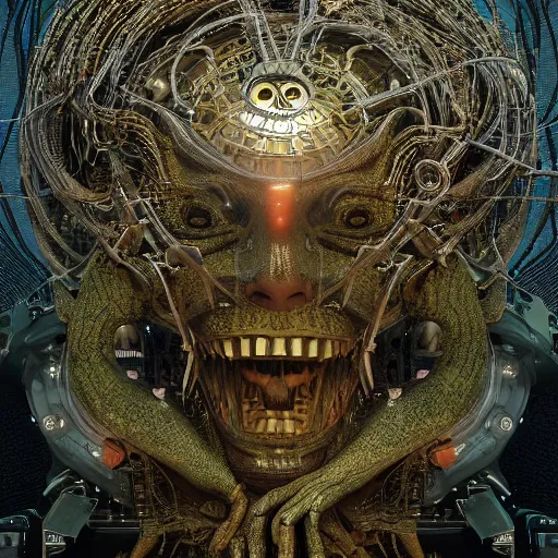 Image similar to cybernetic demon dreaming, lsd, circuitry, intricate detail, royo, whealan, giger, klimt, hd, octane render,