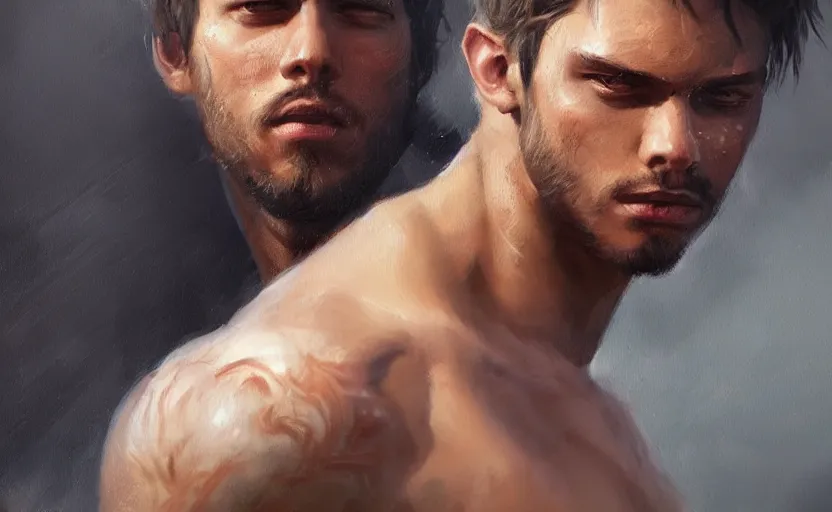 Prompt: a painting of arkul trending on artstation in the style of greg rutkowski, beautiful, male, sensual, natural skin, muscular, stubble, warrior, tattoos