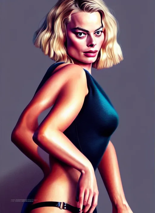 Image similar to margot robbie in the style of stefan kostic, realistic, full body shot, wide angle, sharp focus, 8 k high definition, insanely detailed, intricate, elegant, art by stanley lau and artgerm, floating embers