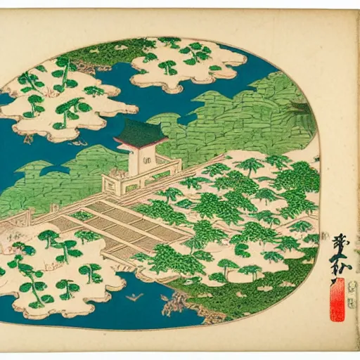 Prompt: 3d isometric botanical illustration of a small city in an island surrounded by water, ((((scene 1))))) by maria sibylla merian in Ukiyo-e style, HD