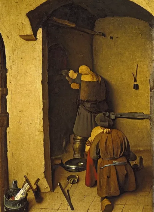 Image similar to A bald blacksmith, with a long dark beard in a forge, medieval forge, medieval painting by Jan van Eyck, Johannes Vermeer, Florence