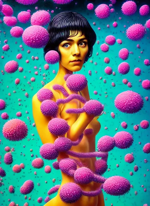 Prompt: hyper detailed 3d render like a Oil painting - Ramona Flowers with wavy black hair wearing thick mascara seen Eating of the Strangling network of colorful yellowcake and aerochrome and milky Fruit and Her staring intensely delicate Hands hold of gossamer polyp blossoms bring iridescent fungal flowers whose spores black the foolish stars by Jacek Yerka, Mariusz Lewandowski, Houdini algorithmic generative render, Abstract brush strokes, Masterpiece, Edward Hopper and James Gilleard, Zdzislaw Beksinski, Mark Ryden, Wolfgang Lettl, Dan Hiller, hints of Yayoi Kasuma, octane render, 8k