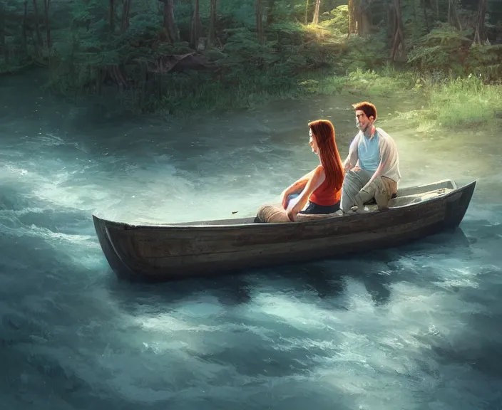 Image similar to a young man and young woman sitting together on one single boat. Romantic. Girl has auburn hair. Boy has short black hair. Narrow river in a forest, rocky shore, trees, shady, blue waters, ripples, waves, reflections, details, sharp focus, illustration, by Jordan Grimmer and greg rutkowski, Trending artstation, pixiv, digital art