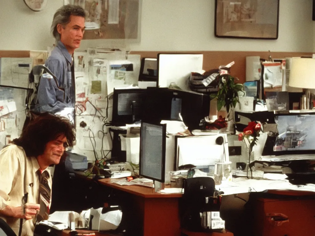 Image similar to bob of twin peaks in 9 0 s cubicle office