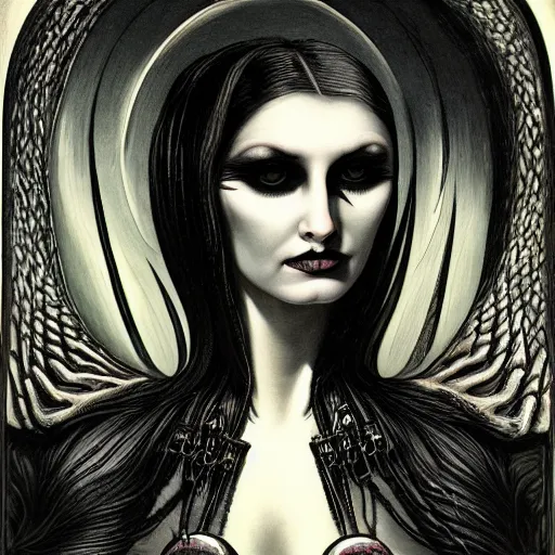 Prompt: portrait of a beautiful woman, gothic, cat eyes, high detail, illustration by h. r. giger