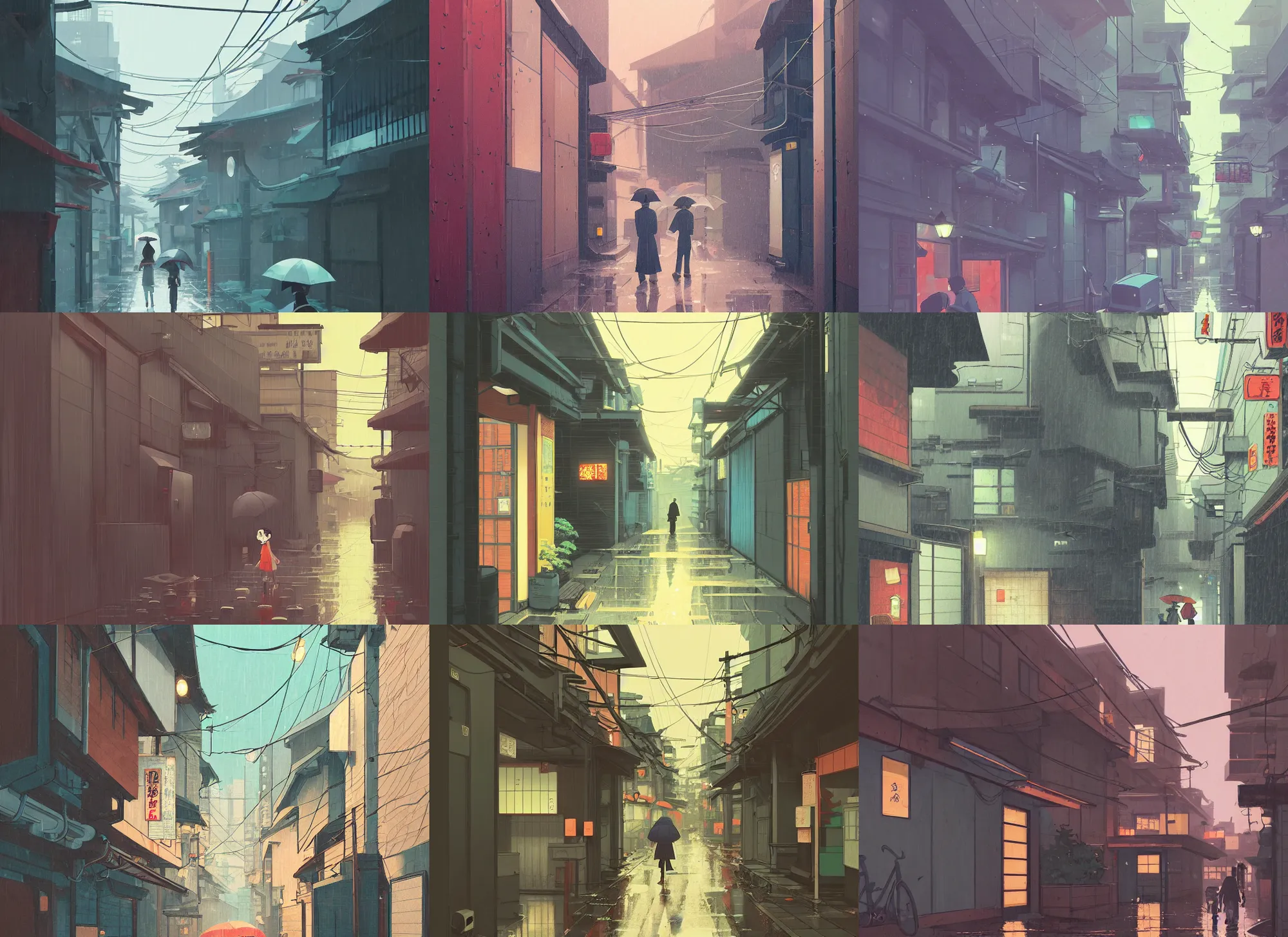 Prompt: tokyo alleyway, rainy day, by cory loftis, atey ghailan, makoto shinkai, hasui kawase, james gilleard, beautiful