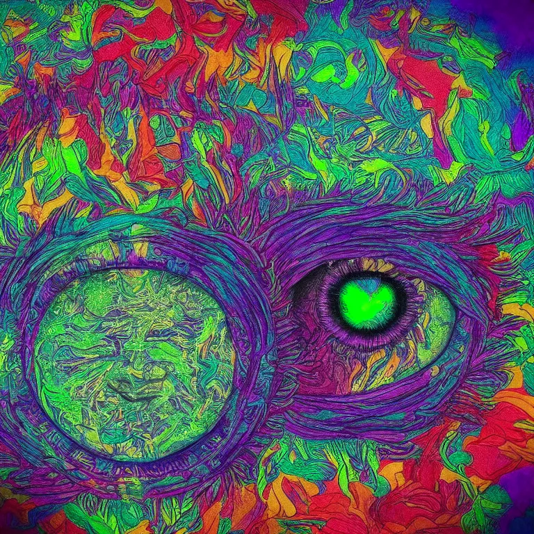 Prompt: human smiling meditating supreme peace immense knowledge infinite color dmt art cyan green black pair of eyes iris staring at viewer intense vibrant stare