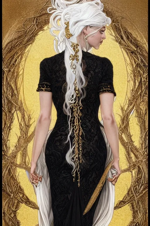 Prompt: fullbody!! of a beautiful woman with white hair, big natural horns on her head, long flowing intricate black lace dress, gold jewellery, dnd, face, fantasy, intricate, elegant, highly detailed, digital painting, artstation, concept art, smooth, sharp focus, illustration, art by artgerm and greg rutkowski and alphonse mucha