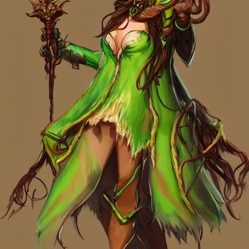 Image similar to elf druid with messy brown hair, green cloak, character art, trending on artstation,