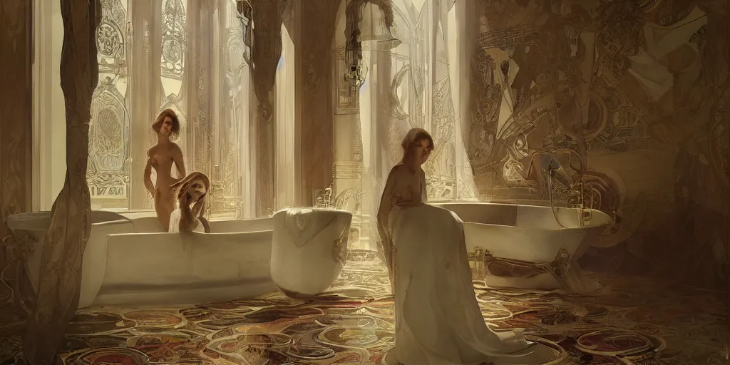Prompt: in the bathroom of an incredible palace with the beautiful Natalia Vodianova, greg rutkowski and alphonse mucha, matte painting, artstation, illustration