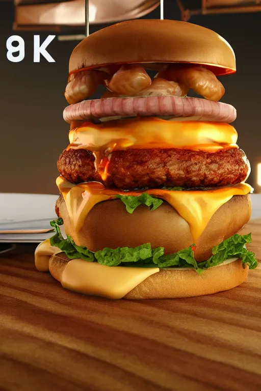 Image similar to tall burger with shrimps and cheese, high details, cinematic, 8k resolution, beautiful detailed, insanely intricate details, artstation trending, octane render, unreal engine,