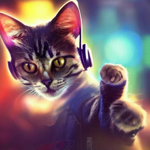 Prompt: A Cat playing video games, uplifting , wearing a headset, fantasy, digital painting, trending on ArtStation, HDR shot