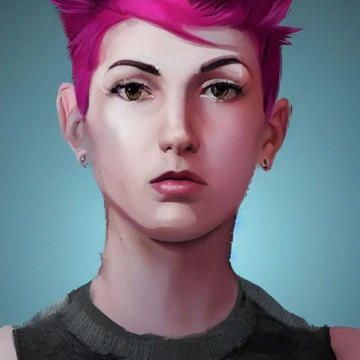 Prompt: portrait of a young woman with short pink spiky hair, and dark eyes 8 k, digital paint