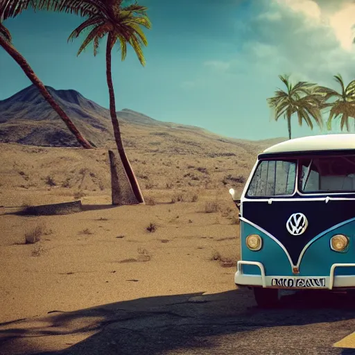 Prompt: a man wearing a hawaiian shirt standing by a volkswagen camper on a desert highway, digital painting, masterpiece, digital art, concept art, octane render, unreal engine 5, trending on deviantart, highly detailed, high quality, 4 k, realistic and detailed face, cinematic, high coherence, soft lighting, path traced, elegant, long black hair, cowboy hat,