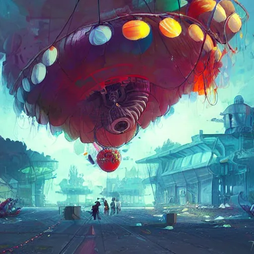 Prompt: giant flying candy attacking an air base, intricate, digital painting, whimsical background by marc simonetti, artwork by liam wong