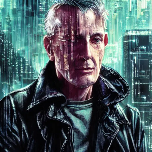 Prompt: Armitage from the novel Neuromancer, washed up, old ex military, old man, portrait shot, wires, cyberpunk, dramatic light, cyberpunk city in the background, movie illustration, poster art by Drew Struzan