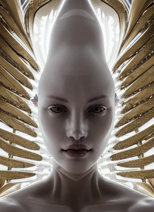 Image similar to a statue made of white marble with gold veins, of an beautiful gorgeous futuristic cybernetic angel girl, prostheses, transhumanism, full body shot, perfect symmetrical body, perfect symmetrical face, hyper realistic, hyper detailed, by johannen voss, by peter kemp, by monia merlo, by michelangelo, octane render, blender, 8 k