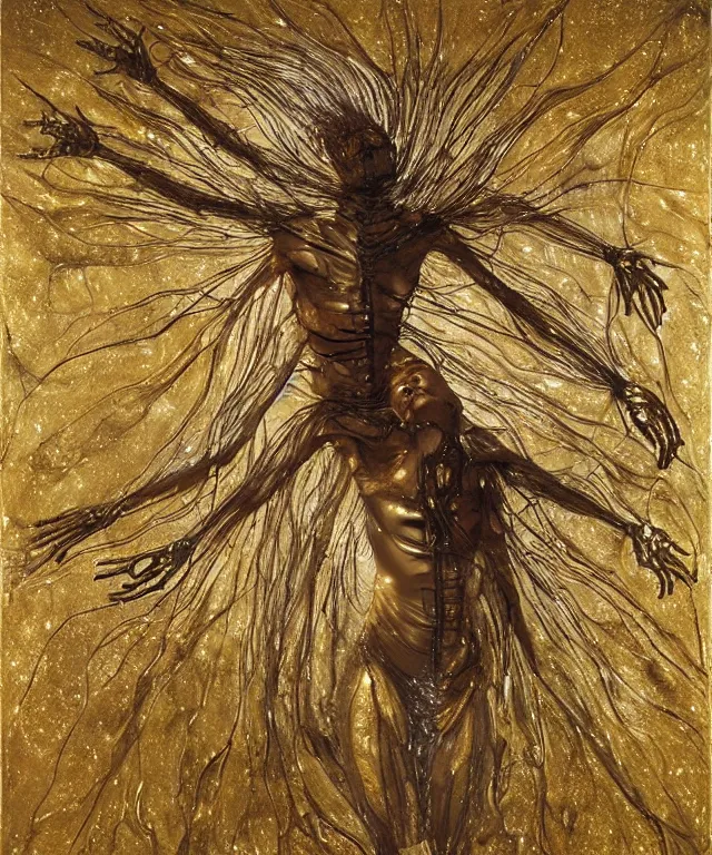 Image similar to Beautiful full-body wax sculpture of a glowing transparent insect with a woman face with visible gold bones covered with melted white wax inside the singularity where stars becoming baroque folds of dark matter of Samsara by Michelangelo da Caravaggio, Nicola Samori, William Blake, Alex Grey and Beksinski, dramatic volumetric lighting, highly detailed oil painting, the golden ratio intial composition, 8k, masterpiece