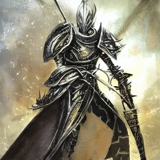 Prompt: elric of melnibone, silver and gold armor, in a metal forests, art by jeff catherine jones