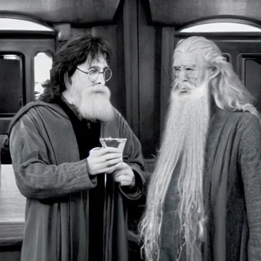 Image similar to harry potter and gandalf in quark's bar on deep space nine