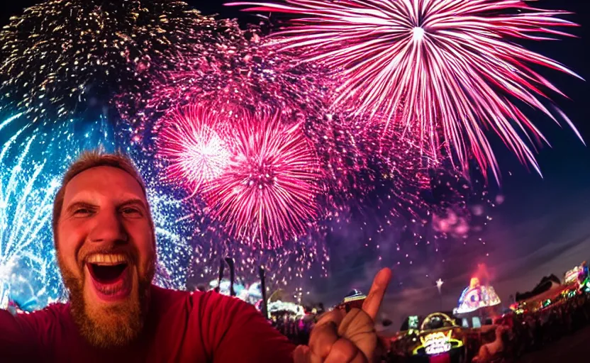 Prompt: extreme close up with a fish eye lens at the glabella of a very happy man with fireworks and a carnival in the background