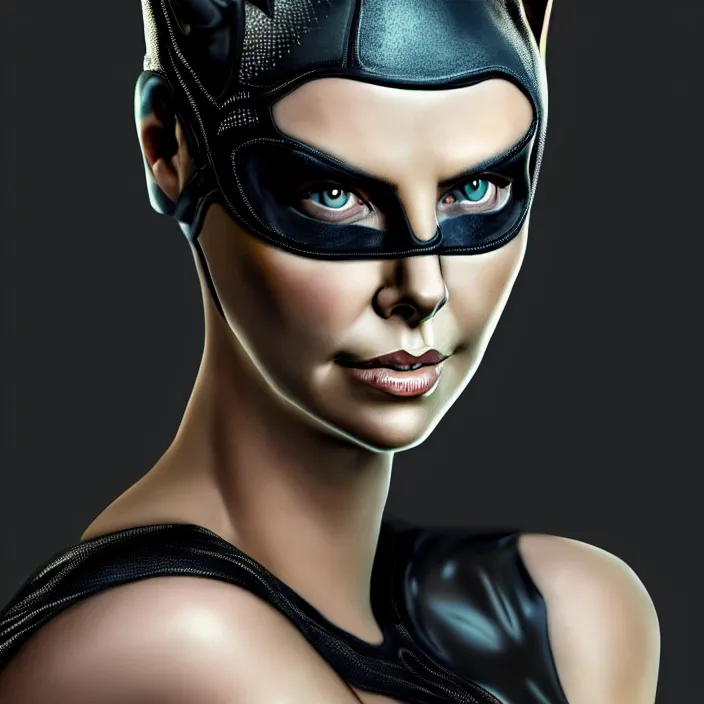 Image similar to portrait of charlize theron as catwoman. photograph. hd, 4 k. intricate artwork. by tooth wu, wlop, beeple, dan mumford. octane render, trending on artstation, greg rutkowski very coherent symmetrical artwork. cinematic, hyper realism, high detail, octane render, 8 k, iridescent accents.