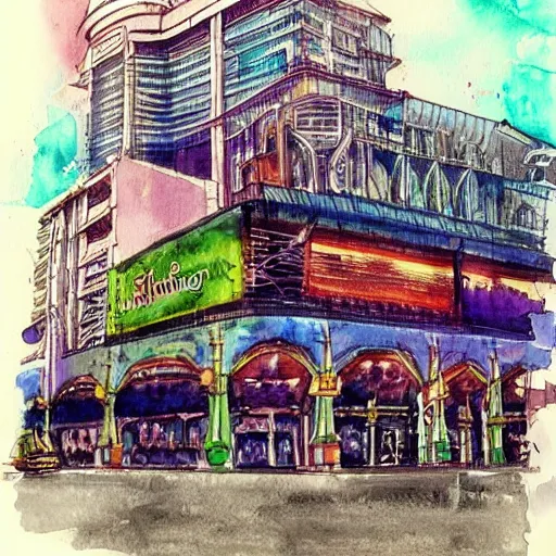 Prompt: terminal 2 1 in bangkok. steampunk and magical colors. watercolor.