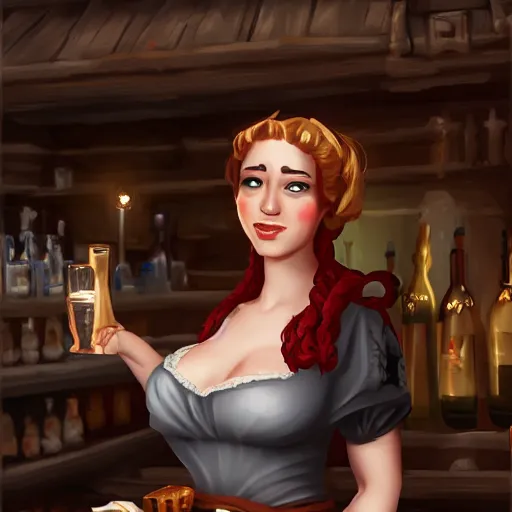 Image similar to medieval barmaid in tavern, trending on artstation