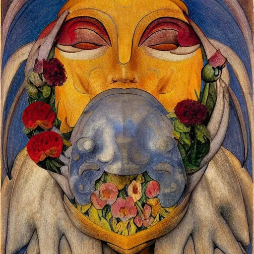 Image similar to painting of a facemask made of flowers, by annie swynnerton and jean delville and edward hopper and evelyn de morgan and rufino tamayo, art deco flower shaman, art brut, outsider art, symbolist, dramatic lighting, god rays, elaborate geometric ornament, clean crisp graphics, smooth sharp focus, extremely detailed, adolf wolfli