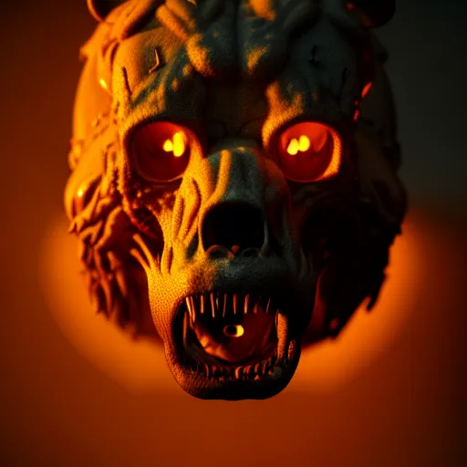 Image similar to a mutated bear monster illuminated by warm light, skull protruding from face, warped flesh, dreamlike, intricate detail, 3d render, octane render, god rays, depth of field, trending on artstation, 4k, hd