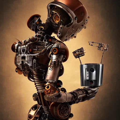 Prompt: a rusting female android holds a broken toaster in her arms, steampunk, android with gears and springs falling out, highly detailed robotic anatomy, high resolution film still, movie by Denis Villeneuve