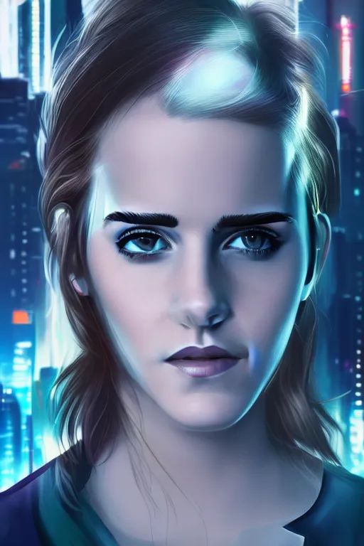 Image similar to Emma Watson, head and shoulders portrait, the background is a huge futuristic city, cyberpunk style futuristic neon lights, artstation cgsociety masterpiece highly-detailed