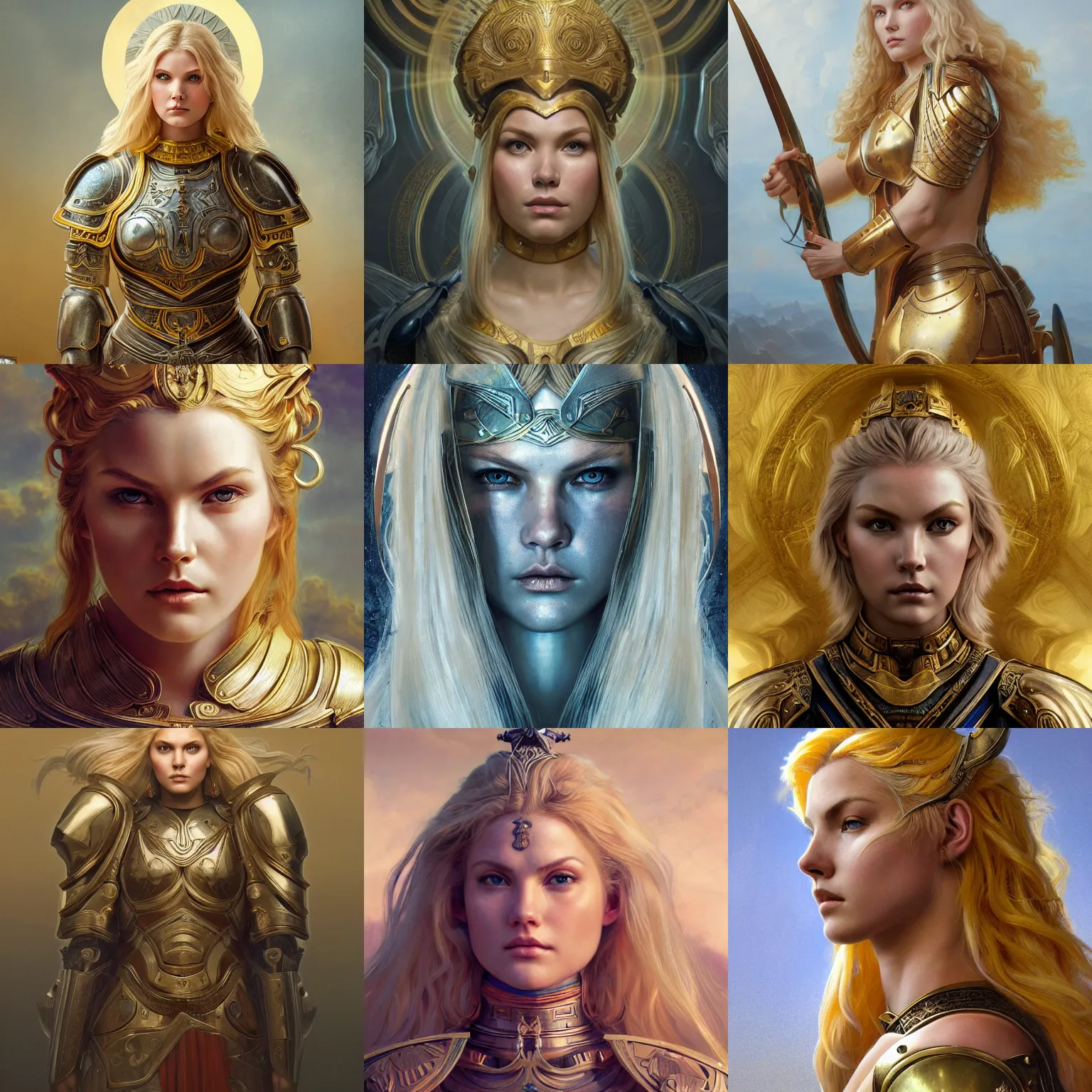Prompt: masterpiece head-on symmetrical centered painted portrait, Elisha Cuthbert as a warrior paladin, blonde hair, golden halo, wearing full metal armour, elegant, distant, in the style of Edgar Maxence and Ross Tran and Zdzisław Beksiński and Michael Whelan and Mucha, 8k, octane render