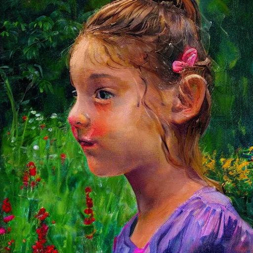 Prompt: a portrait of a girl in the garden, carvaggesque, painted in high resolution