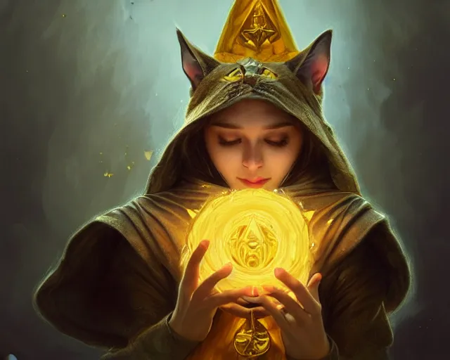 Image similar to a mind - blowing portrait of a cat wizard, yellow wizard hat, anthropomorphic, deep focus, d & d, fantasy, intricate, elegant, highly detailed, digital painting, artstation, concept art, matte, sharp, illustration, hearthstone, art by artgerm and greg rutkowski and alphonse mucha