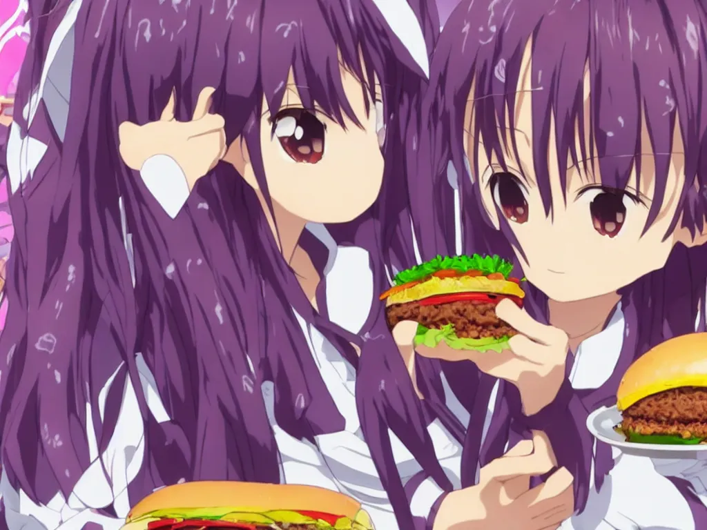 Image similar to yuuki konno from sword art online eating a big burger and being happy, purple hair, High Definition detail, 8K, anime