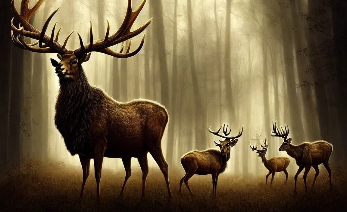 Image similar to epic professional digital art of antlered herbivores, faint golden moody atmospheric lighting, painted, intricate, detailed, detailed, foreboding, by leesha hannigan, wayne haag, reyna rochin, ignacio fernandez rios, mark ryden, iris van herpen,, epic, stunning, gorgeous, much wow, cinematic, masterpiece.