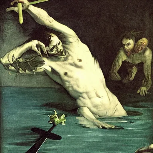 Prompt: painting by caravaggio of a drowned zombie, floating underwater, holding a trident with glowing cyan eyes, wearing ragged clothing, holding a trident, underwater, pastel green and blue color palette