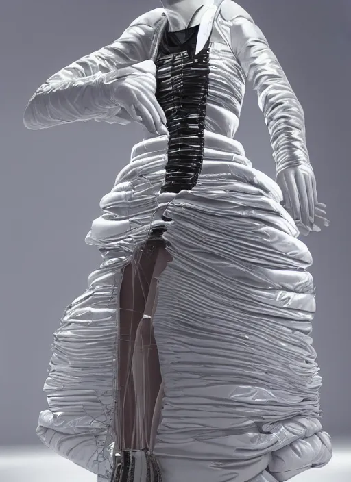 Prompt: an early 0 0's cyber digital portrait of a futuristic beautiful girl detailed features wearing a wedding dress with a puffy skirt utility - chic trend. lots of zippers, pockets, synthetic materials, jumpsuits. by balenciaga and issey miyake by ichiro tanida and armin vit