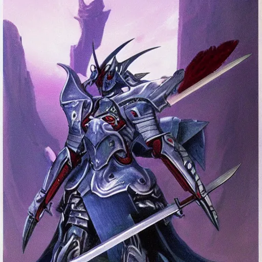 Prompt: concept art of omegamon, sword for left arm and a cannon for right arm, fantasy, valley, heavy fog, wayne barlowe