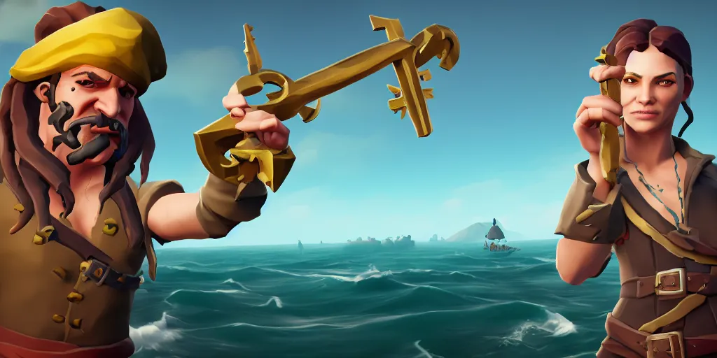 Prompt: portrait of a sea of thieves character holding a key, sea of thieves screenshot, storm, unreal engine, digital art