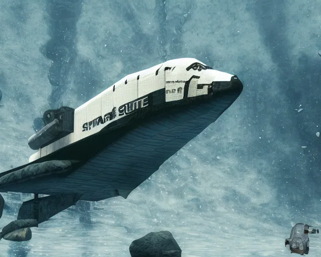 Image similar to old damaged space shuttle submerged under water, cinematic, photoreal, by red dead redemption 2