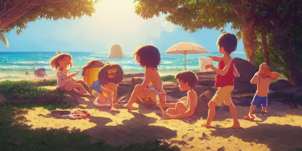 Image similar to a wholesome animation key shot of kids eating popcorn at a tropical beach, medium shot, waist up, studio Ghibli, Pixar and Disney animation, sharp, very detailed, high resolution, Rendered in Unreal Engine 5, anime key art by Greg Rutkowski, Bloom, dramatic lighting