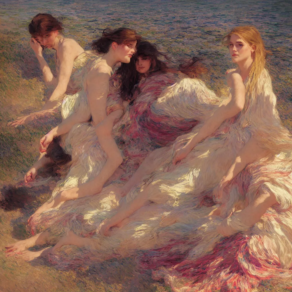 Image similar to illustration studio portrait of three beautiful girl in an artistic pose resting in the beach, monet painterly motives and textures pattern, hyper detailed, octane render, vivid colors, artstation, by jeremy mann, by alphonse mucha, by monet