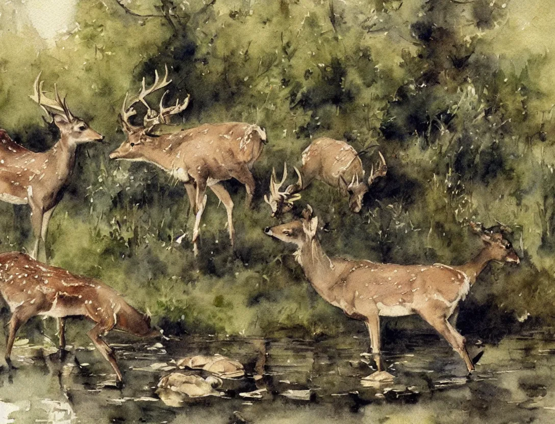 Image similar to watercolor sketch by anders zorn, deer drinking water by pond, nature art mockup