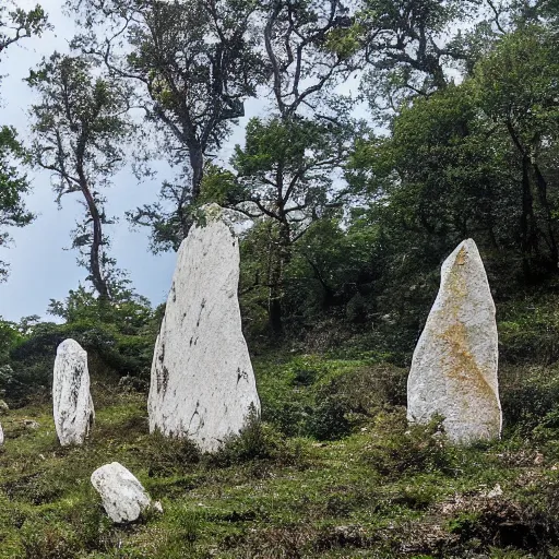 Image similar to white marble cliff in a meditereanian forest, with standing stones on top, by burdisio, alejandro