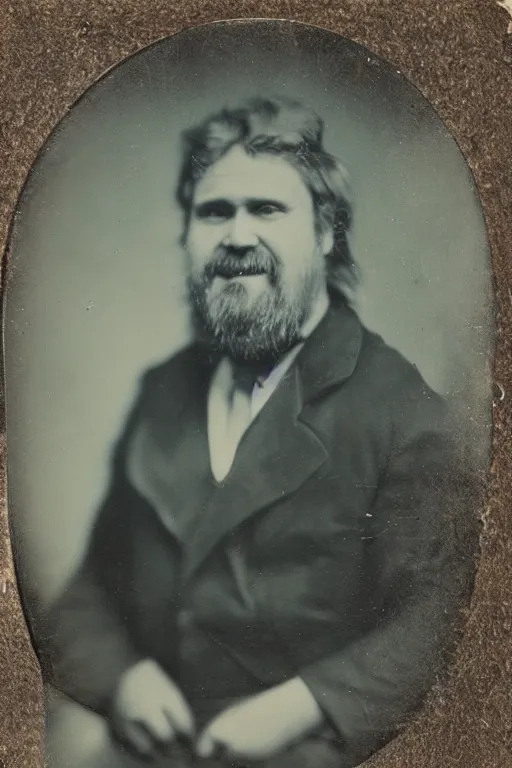 Prompt: a tintype photograph of bigfoot smiling