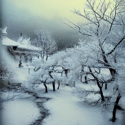 Prompt: mystic winter landscape by yoshitaka amano